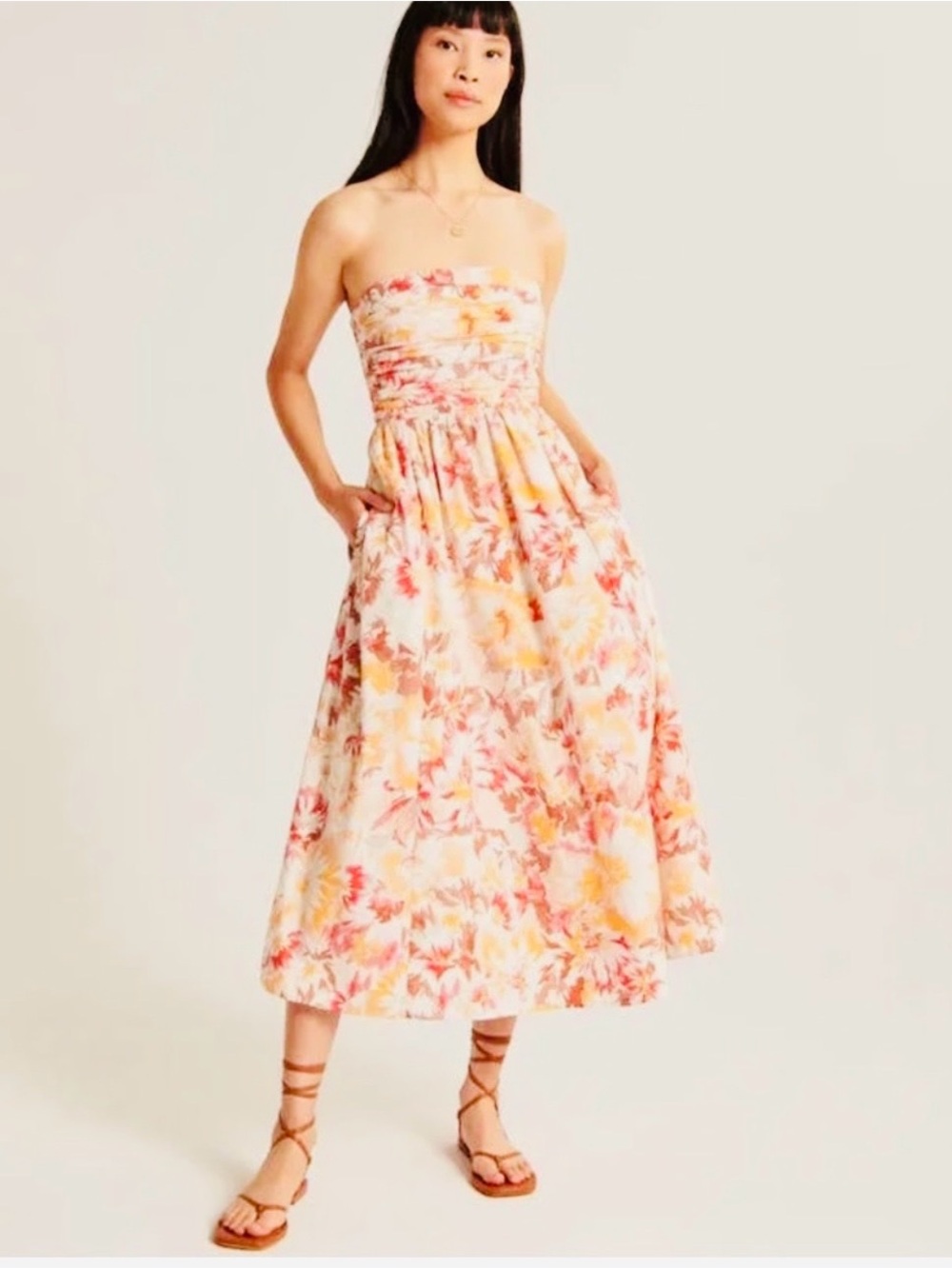 Abercrombie & Fitch Floral Print Poplin Strapless Midi Dress-Size Small